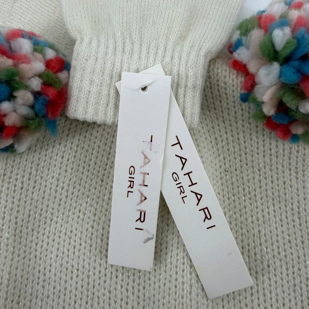Tahari Girl Pom Pom Hat Gloves Set Ivory Knit Winter Beanie Sparkle NWT